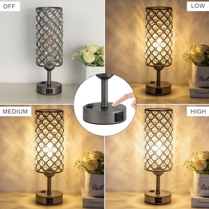 Hong-in Gray Crystal Lamp Touch Control Set of 2, Crystal Table Lamps with USB C+A Ports & AC Outlet, 3-Way Dimmable Nightstand Touch Lamp, Modern Bedside Table Lamp for Bedroom(Bulbs Included) - color: Gray