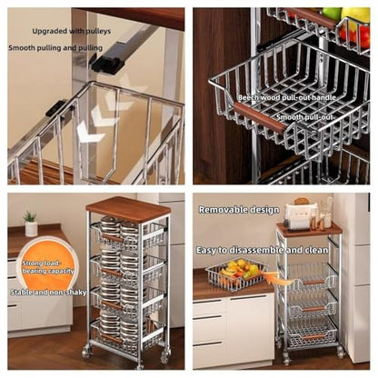 5-Tier Rolling Fruit & Vegetable Storage Cart with Drawers, Extra-Thick Metal Kitchen Organizer Cart on Wheels, Fruit Basket Stand& Fruteros para Cocina, Narrow Pantry Cart for Storage - size: 5-Tier Extra-Thick