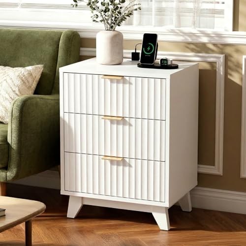 VINGLI Fluted White Nightstand with Charging Station, 3 Drawer White Night Stand Bedside Table with Drawers for Bedroom, Fluted Bedside Table/End Table/Side Table, 17.72" W*13.78" D*23.62" H, 1 pc - color: White, size: 17.7"W-3 Drawer