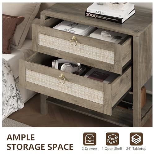 Xixini Rattan Nightstand with 2 Drawers and Open Shelf, 27" Wide Boho Bedside Table with Brass Knobs, Mid-Century Modern Wooden End Table for Bedroom, Grey - color: Grey
