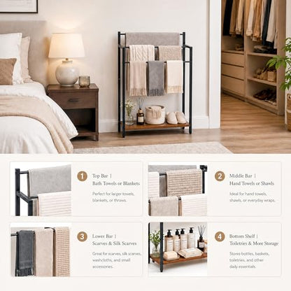 24.8" W Freestanding Towel Rack with Rustic Brown Wood Shelf | 3 Tier Blanket Ladder Stand for Bathroom Living Room, Metal Frame - color: Rustic Brown, size: 31.5" H x 24.8" W x7.9 D