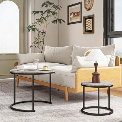 HOJINLINERO Round Coffee Table,Nesting Coffee Table Set of 2,Center Tables for Living Room,Office, Home Small Space,Small Table Stacking Side Tables,Sturdy and Easy Assembly,Wood Desktop,Black+Grey - color: Grey, size: Small
