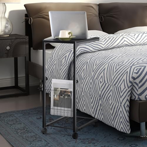 C Shaped End Table Small Side Table with Wheels Slide Under Couch Table for Sofa Adjustable Height C Table with Metal Frame for Living Room Bedroom Bedside, Black - color: Black