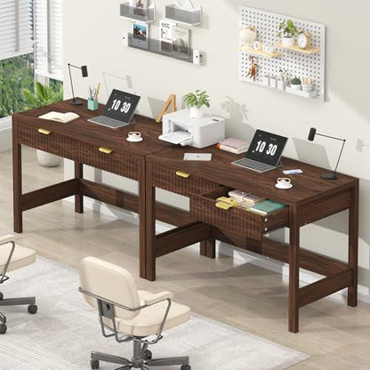YOMILUVE Fluted Computer Desk with 2 Drawers, 39 Inch Small Computer Desk with Storage, Compact Writing Study Desk for Small Spaces, Walnut - color: Walnut