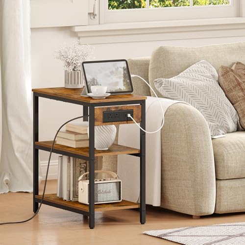 HOOBRO End Table with Charging Station, Side Table with 3 Tier Storage Shelf, Narrow Nightstand for Small Spaces, for Living Room, Bedroom, Easy Assembly, Rustic Brown and Black BF149UBZ01 - color: Rustic Brown + Black