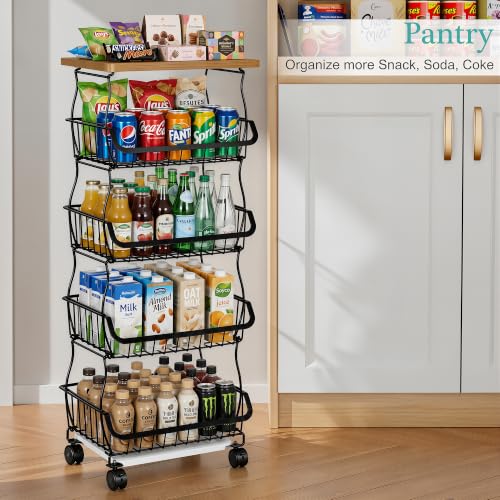 VECELO 5-Tier Fruit Basket with Wheels, Fruit and Vegetable Storage Cart for Kithchen, Stackable Produce Organizer Wire Baskets for Kitchen, Pantry, Living Room - size: 5 Tiers