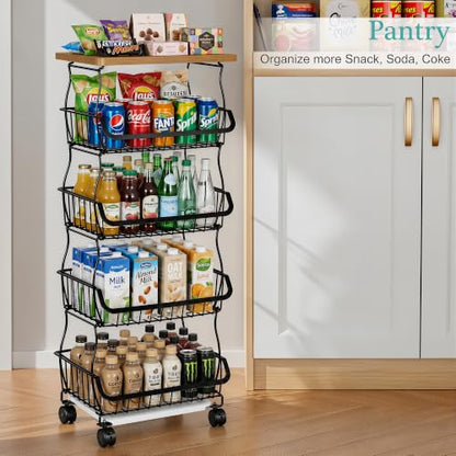 VECELO 5-Tier Fruit Basket with Wheels, Fruit and Vegetable Storage Cart for Kithchen, Stackable Produce Organizer Wire Baskets for Kitchen, Pantry, Living Room - size: 5 Tiers