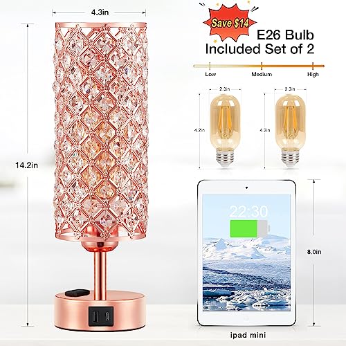 Hong-in Rose Gold Lamp Set of 2, 3-Way Crystal Table Lamp Touch Control with USB-C+A & AC Ports, Dimmable Nightstand Desk Light, Pink Bedside Table Lamp for Bedroom(Bulb Included & Set of 2) - color: Rose Gold