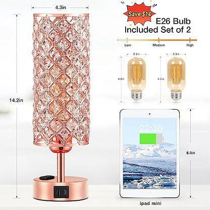 Hong-in Rose Gold Lamp Set of 2, 3-Way Crystal Table Lamp Touch Control with USB-C+A & AC Ports, Dimmable Nightstand Desk Light, Pink Bedside Table Lamp for Bedroom(Bulb Included & Set of 2) - color: Rose Gold