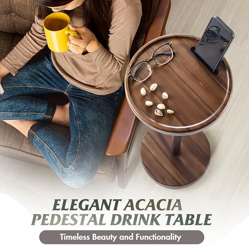 BLUEWEST Drink Table, 24.4" Tall Compact Side Table with Phone Slot and Weighted Base, Durable Pedestal Table Accent for Living Room (Flat, Walnut) - color: Large Walnut