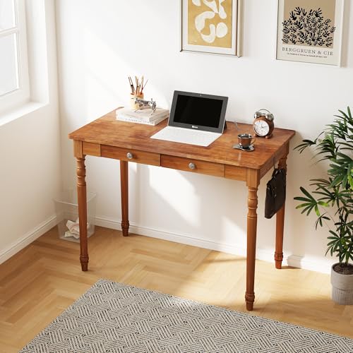 Solid Wood Writing Desk with Drawers - 39.4" Small Wood Vintage Desk, Mid Century Modern Desks, Wooden Computer Desks for Home Office, Traditional Vanity Dressing Table for Bedroom, Walnut - color: B-walnut, size: 39.4*21.7*29.5 Inch