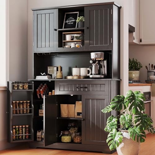 Gizoon Kitchen Pantry Cabinet with Countertop Kitchen Hutch Storage Cabinet 67.7" Tall Pantry Coffee Bar with Storage for Dining Room and Craft Room, Painted Black - color: Black