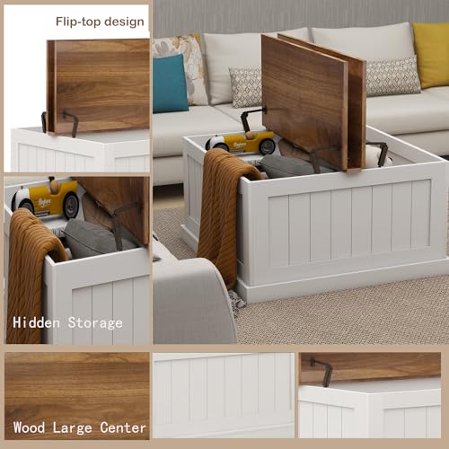 31.5" Farmhouse Coffee Table, Flip Top Coffee Square Table with Storage Compartment, Wooden Rustic Cocktail Table for Living Room, Bedroom, Apartment, Studio, White - color: White