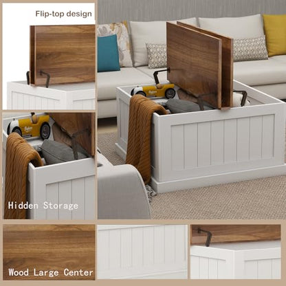 31.5" Farmhouse Coffee Table, Flip Top Coffee Square Table with Storage Compartment, Wooden Rustic Cocktail Table for Living Room, Bedroom, Apartment, Studio, White - color: White