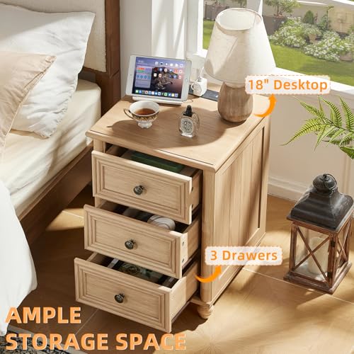RWYHG 18" Night Stand with Charger Station, Nightstand with 3 Drawers | Farmhouse Modern Bedside Table, Metal Handle, Roman Column Legs, Natural Bed Side End Tables for Bedroom Living Room - color: Natural, size: 18"D x 18"W x 24"H (3 Drawers)
