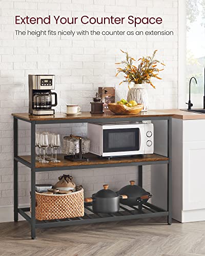 VASAGLE Kitchen Island with 3 Shelves, 47.2 Inches Width Kitchen Shelf with Large Worktop, Stable Steel Structure, Industrial, Easy to Assemble, Rustic Brown and Black UKKI01BX - color: Rustic Brown + Black, size: 47.2"W x 35.4"H, style: without Power Out