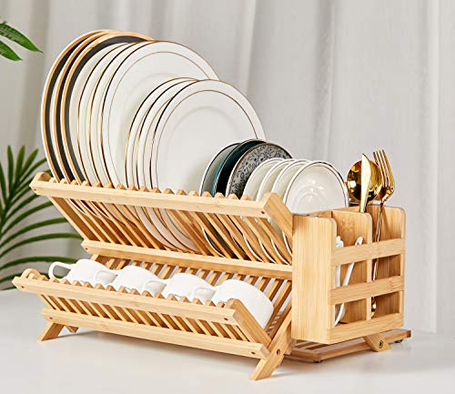 NOVAYEAH Bamboo Dish Drying Rack with Utensil Holder, Collapsible Wooden Dish Drainer Rack, 3-Tier Large Folding Drying Holder for Kitchen Counter 51 pcs Grid - color: 3-tier (Bamboo)