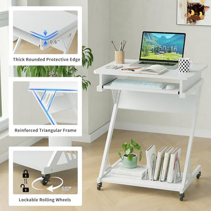 ALISENED 2 Tier Computer Desk with Keyboard Tray, 23.6" Home Office Desk Computer Workstation Rolling Study PC Laptop Table for Small Spaces,Z-Shaped Small Compact Study Table,White - color: White