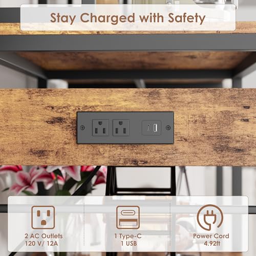 Garvee Microwave Stand with Fridge Stand Space, Industrial Kitchen Shelf with Power Outlet, Freestanding Kitchen Storage for Pantry Living Room, 47.2 x 19.7 x 68.1 Inches, Rustic Brown