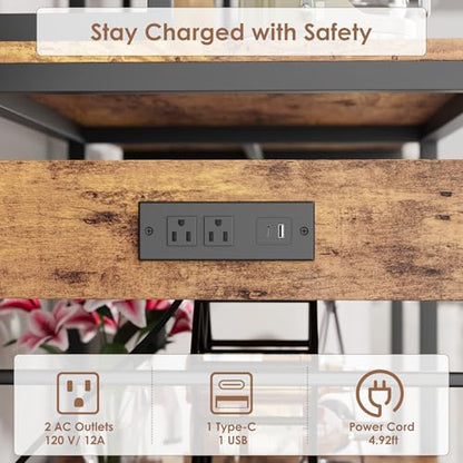 Garvee Microwave Stand with Fridge Stand Space, Industrial Kitchen Shelf with Power Outlet, Freestanding Kitchen Storage for Pantry Living Room, 47.2 x 19.7 x 68.1 Inches, Rustic Brown