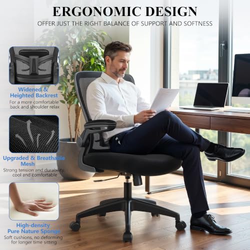 FelixKing Office Chair, Ergonomic Desk Chair Breathable Mesh Chairs Adjustable High Back Lumbar Support Flip-up Armrests, Executive Rolling Swivel Comfy Computer Chairs Home Office Black - color: Black
