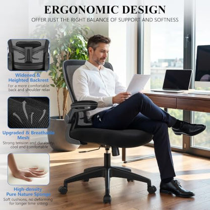 FelixKing Office Chair, Ergonomic Desk Chair Breathable Mesh Chairs Adjustable High Back Lumbar Support Flip-up Armrests, Executive Rolling Swivel Comfy Computer Chairs Home Office Black - color: Black