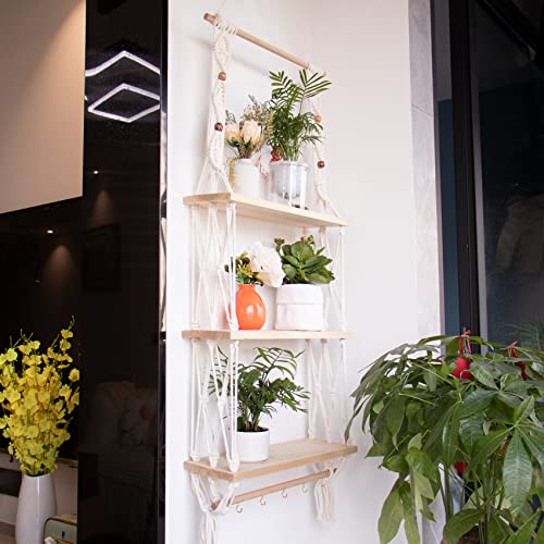 TENEWEE Macrame Floating Hanging Wall Shelf Boho Decor with Hooks | Handmade Cotton, Large Storage, Plant & Book Display, Bedroom, Living Room, Bath, Kitchen, Dorm, Vanity, Entryway - size: 3tier shelves