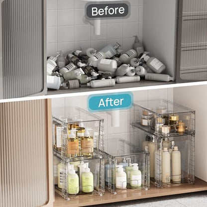 Vtopmart 3 Pack Clear Stackable Storage Drawers,Easy to Assemble Bathroom Organizers and Storage with handles,Plastic Drawers for Kitchen Pantry,Cabinet,Under Sink Organization | Tall, Medium and Small Pull-Out PET Drawers with Stackable Design for Bathro