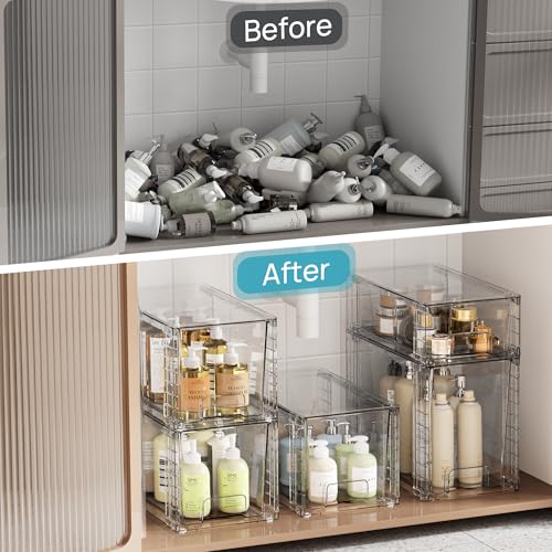 Vtopmart 6 Pack Clear Stackable Storage Drawers,Easy to Assemble Bathroom Organizers and Storage with handles,Plastic Drawers for Kitchen Pantry,Cabinet,Under Sink Organization - style: 2 Large+2 Medium+2 Small