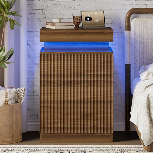 Xixini Nightstand with Charging Station and RGB LED Lights, Fluted 3-Drawer Bedside Table with Sliding Top, Wooden End Table for Bedroom, Living Room, Walnut - color: Walnut