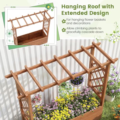 Giantex Raised Garden Bed with Sided Trellis & Roof, 45”x16”x41” Wood Elevated Planter Box, Freestanding Garden Planter Raised Bed for Flowers Herbs Climbing Vines,Brown,1 - color: Brown, size: 45”x16”x41”