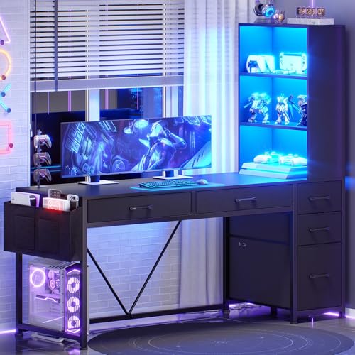 SEDETA Computer Gaming Desk with 5 Drawers and Bookshelf, Reversible Home Office Desk with Storage Shelves and File Drawer, Corner Desk with LED Lights for Small Spaces, Black - color: Black
