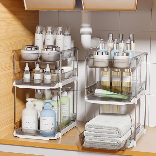 Delamu 2 Pack 3-Tier Bathroom Under Sink Organizers and Storage, Multi-Purpose Stackable Pantry Organization and Storage, Pull Out Clear Kitchen Bathroom Cabinet Organizer with Movable Dividers, Grey - color: Grey, size: 2 Pack 3-Tier