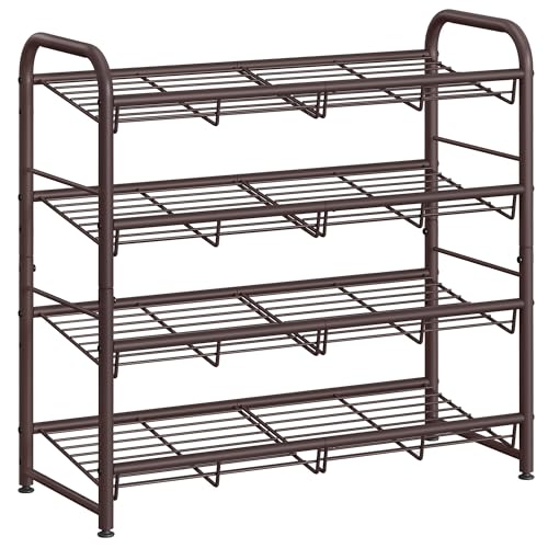 SONGMICS Stackable Shoe Rack, 4 Tier Metal Shoes Rack Storage Shelf, Holds up to 16 Pairs Shoes, Adjustable Slanted Shelves Tower Organizer for Closet Entryway Small Spaces, Bronze - color: Bronze, size: 4 Tiers (27"W)