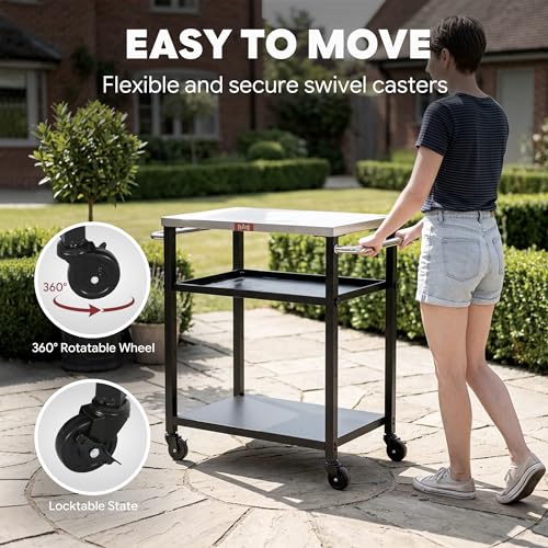 Feasto 3-Tier Outdoor Grill Cart, 26.6" x 16.1" Rolling Pizza Oven Table | Compact Stainless Top for Pizza Ovens & Griddles, Outdoor Bar Cart with S-Hooks for Patio Parties, Deck Dining & Camping - size: Compact