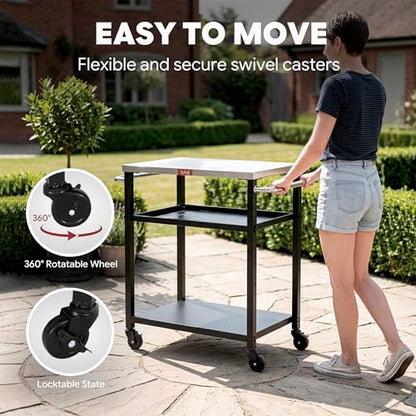 Feasto 3-Tier Outdoor Grill Cart, 26.6" x 16.1" Rolling Pizza Oven Table | Compact Stainless Top for Pizza Ovens & Griddles, Outdoor Bar Cart with S-Hooks for Patio Parties, Deck Dining & Camping - size: Compact