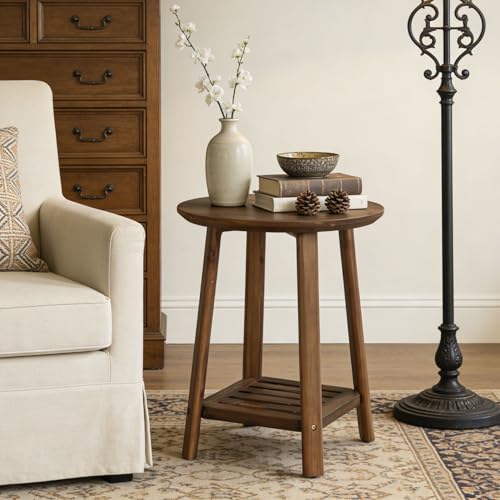 Solid Wood Side Table, 2-Tier Small Round End Table with Storage Shelf, Farmhouse Nightstand for Small Spaces, Living Room, Bedroom, Walnut