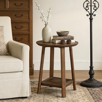Solid Wood Side Table, 2-Tier Small Round End Table with Storage Shelf, Farmhouse Nightstand for Small Spaces, Living Room, Bedroom, Walnut