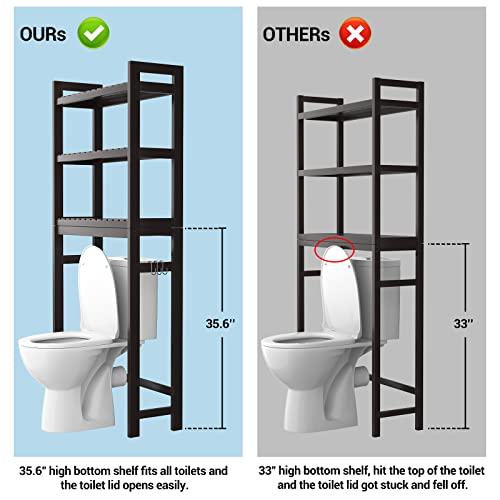 Homykic Over The Toilet Storage, Bamboo 3-Tier Over-The-Toilet Space Saver Organizer Rack, Stable Freestanding Above Toilet Stand with 3 Hooks for Bathroom, Restroom, Laundry, Espresso - color: Espresso