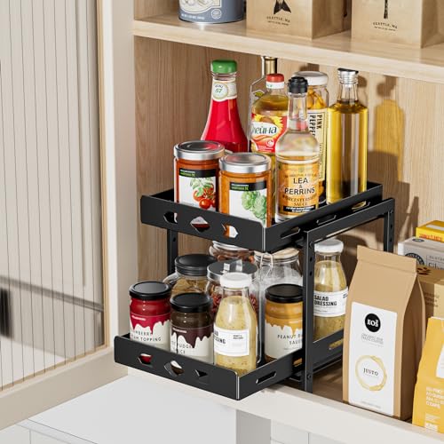 BOIVSHI Pull Out Spice Racks for Inside Cabinets, 2-Tier Cabinet Spice Rack, Height Adjustable Spice Rack Organizer for Cabinet, Kitchen Vertical Spice Rack (9.7''Wx10.8''Dx9.2''H, Metal Black) - size: 9.7''Wx10.8''Dx9.2''H,2 Tier