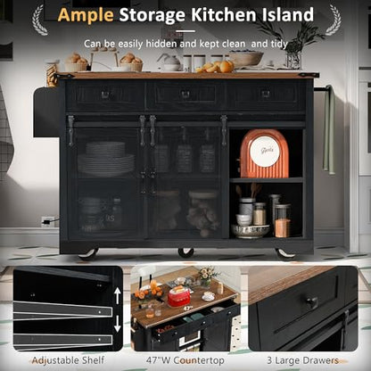 Ball & Cast Kitchen Island with Storage,53.7" Farmhouse Rolling Kitchen Island Cart w/Power Outlet & Drop Leaf,Mobile Island Table w/3 Drawers,Towel Rack and Spice Rack,for Home and Dining Room,Black - color: Black