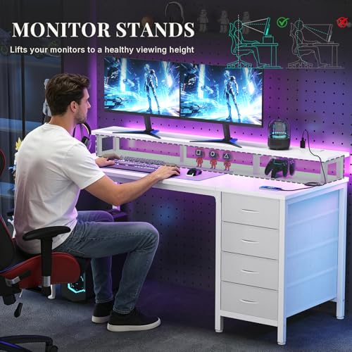 47" Computer Desk with Power Outlets and LED Lights, White | Gaming Desk with Drawers and Monitor Stand, Reversible Home Office Desk for Working Writing Study