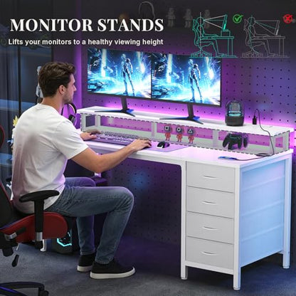 47" Computer Desk with Power Outlets and LED Lights, White | Gaming Desk with Drawers and Monitor Stand, Reversible Home Office Desk for Working Writing Study