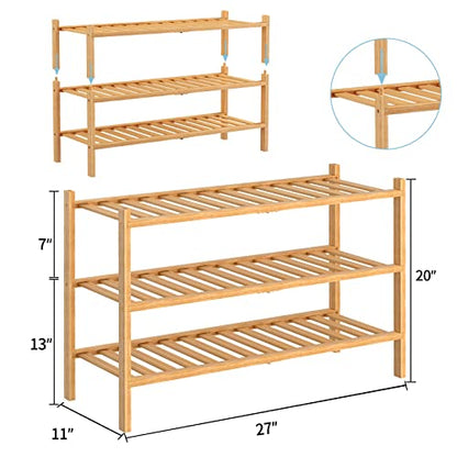 RONGJlA 3 Tier Bamboo Shoe Rack for Closet Free Standing Wood Shoe Shelf Storage Organizer for Entryway Small Space Stackable, Natural