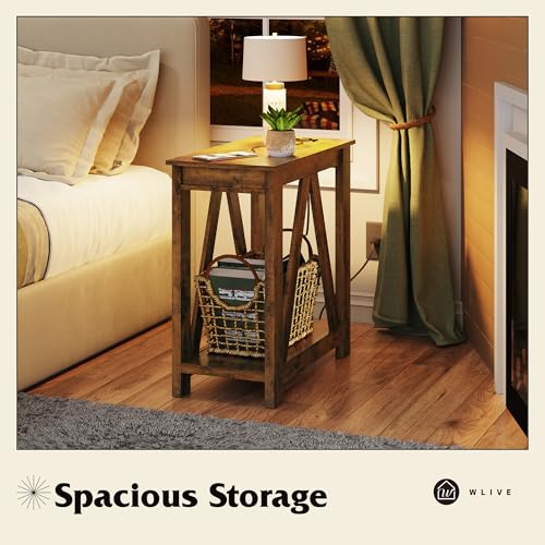 WLIVE Farmhouse End Table, Narrow Side Table with Charging Station, Slim End Table, Side Table for Bedroom, Living Room, Small Spaces, 2 USB and 2 Power Outlets, Rustic Brown - color: Rustic Brown