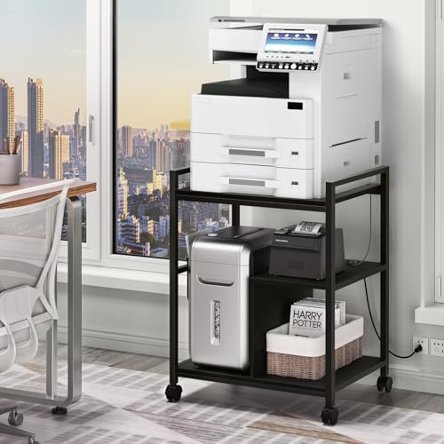 Lerliuo 24" Wide Large Printer Stand with Storage, Black | Printer Table for Home Office with Charging Station, 3 Tier Industrial Mobile Printer Cart with Lockable Wheels - color: Black
