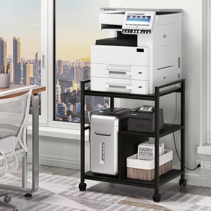 Lerliuo 24" Wide Large Printer Stand with Storage, Black | Printer Table for Home Office with Charging Station, 3 Tier Industrial Mobile Printer Cart with Lockable Wheels - color: Black