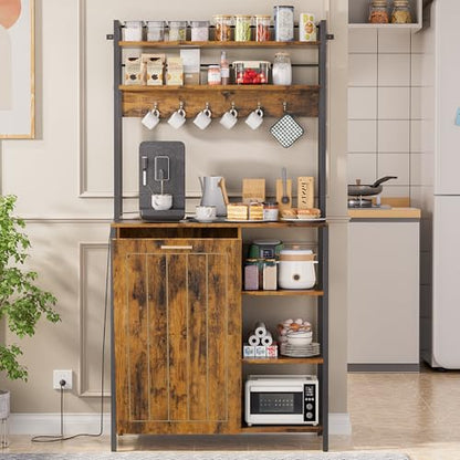Kitchen Bakers Rack with Storage Shelf - 6-Tier Microwave Stand Oven Cabinet W/Tilting Trash Can Bin and Power Outlet, Farmhouse Thickened Coffee Bar Table Station W/6 Hooks&Adjustable feet - color: Brown