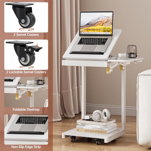OtterOasis C Shaped End Table for Couch Rolling Side with Wheels White | Wood, Desk Tv Tables, with Folding Desktop, Lockable Wheel, with Hidden Storage, for Living Room, Bedroom - color: White