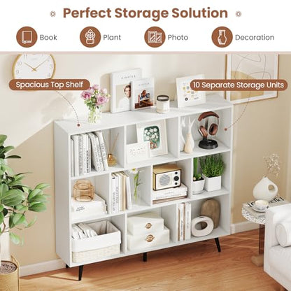 GIANTEX 10-Cube Bookcase, 3-Tier Modern Bookshelf with 5 Metal Legs, 47" Freestanding Open Storage Organizer with 2 Anti-tip Devices, Mid-Century Display Rack for Living Room (47" x 9.5" x 42") - size: 47" x 9.5" x 42"